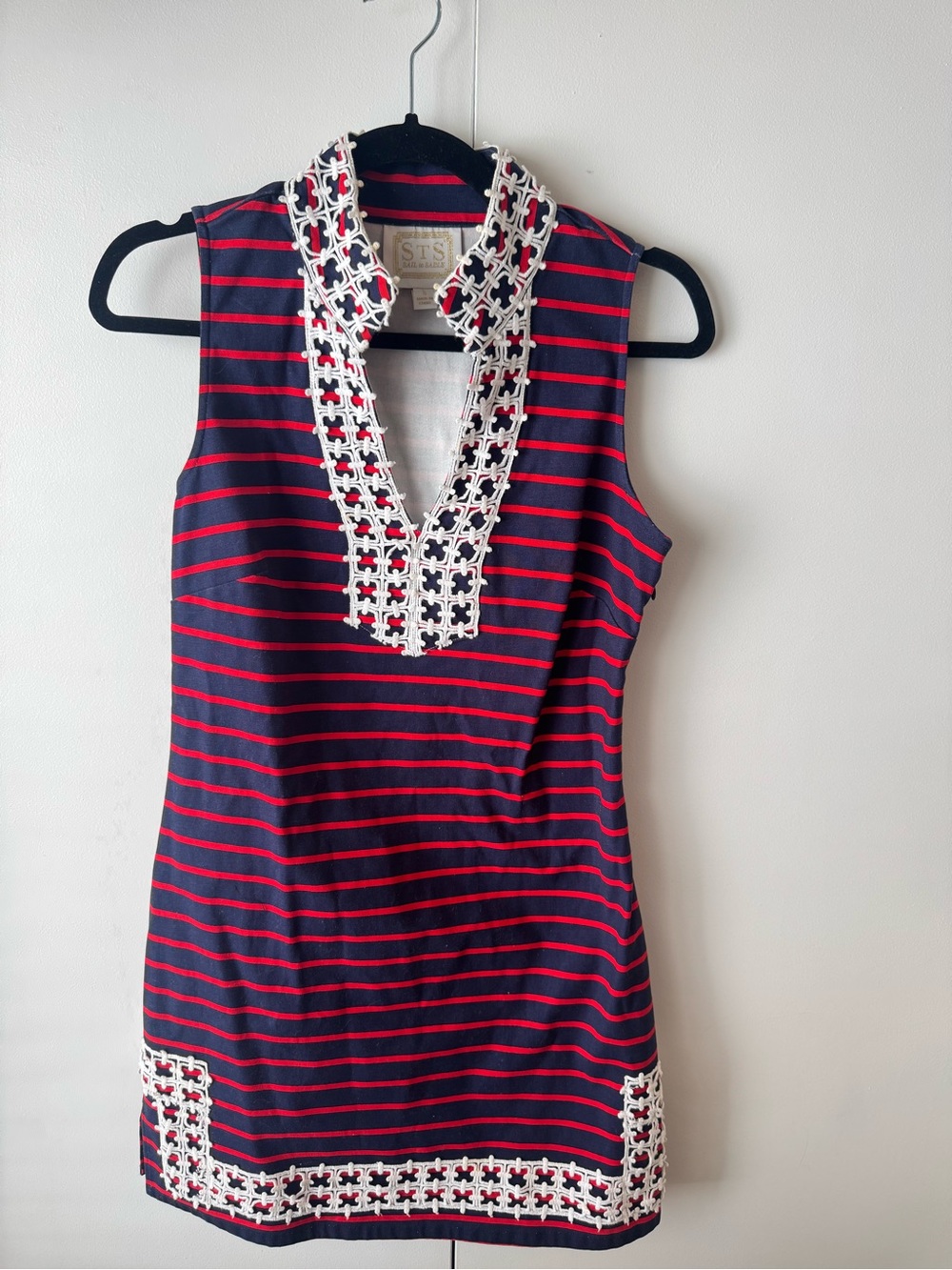 Sail to Sable Navy and Red Striped Dress with White Crochet Trim
